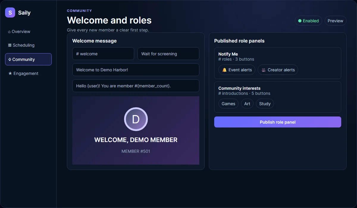Saily community workspace showing welcome, commands, tickets, and moderation