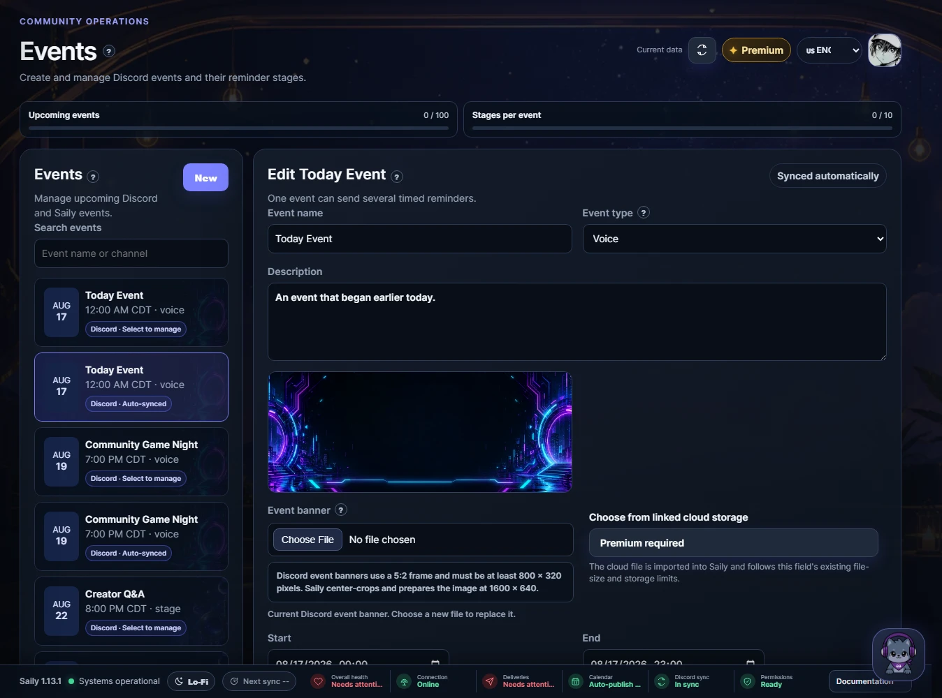 Current Saily Events editor with Discord event details and reminder stages