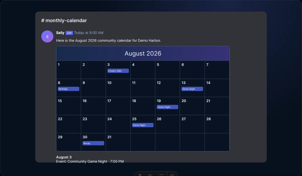 Sanitized Discord preview of a monthly calendar posted by Saily